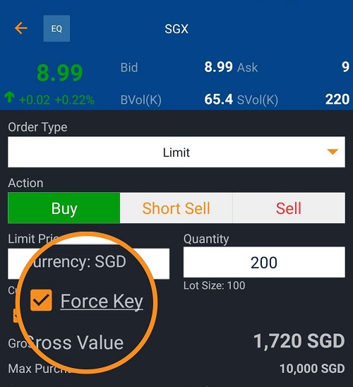 force key in mobile app